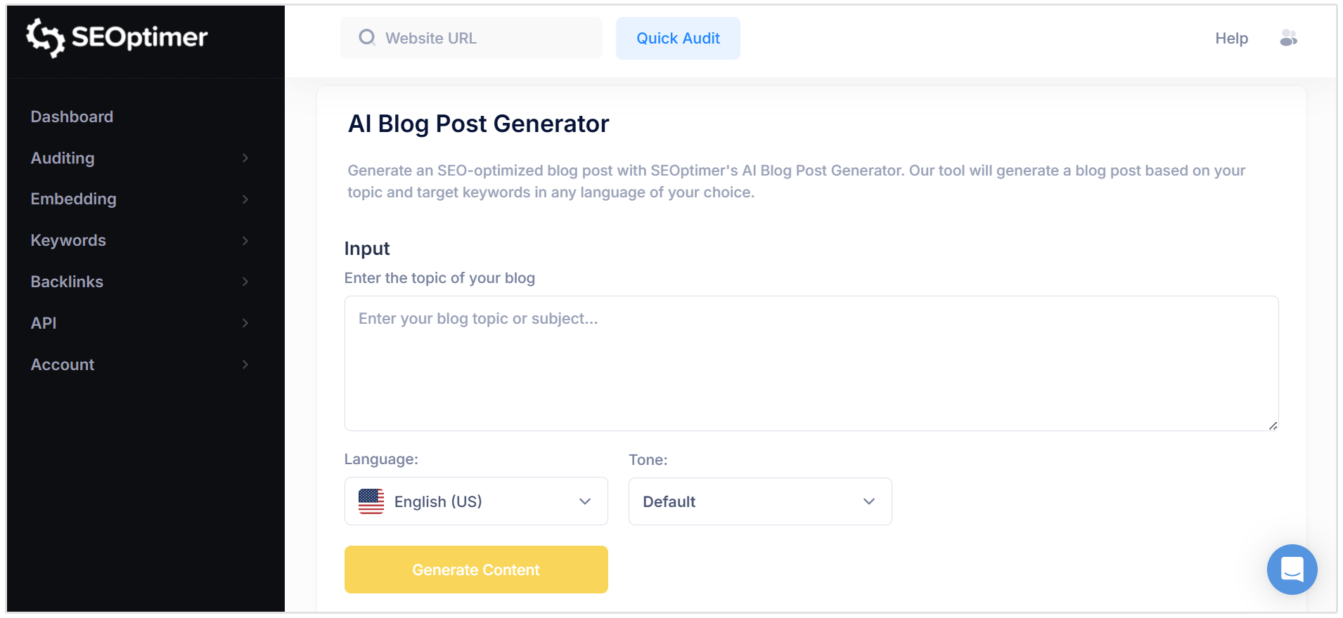 SEOptimer AI generator postów na bloga